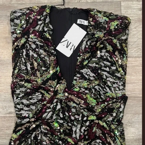 Zara Green and Black Sequin Bodycon Mini Dress - Picture 4 of 4